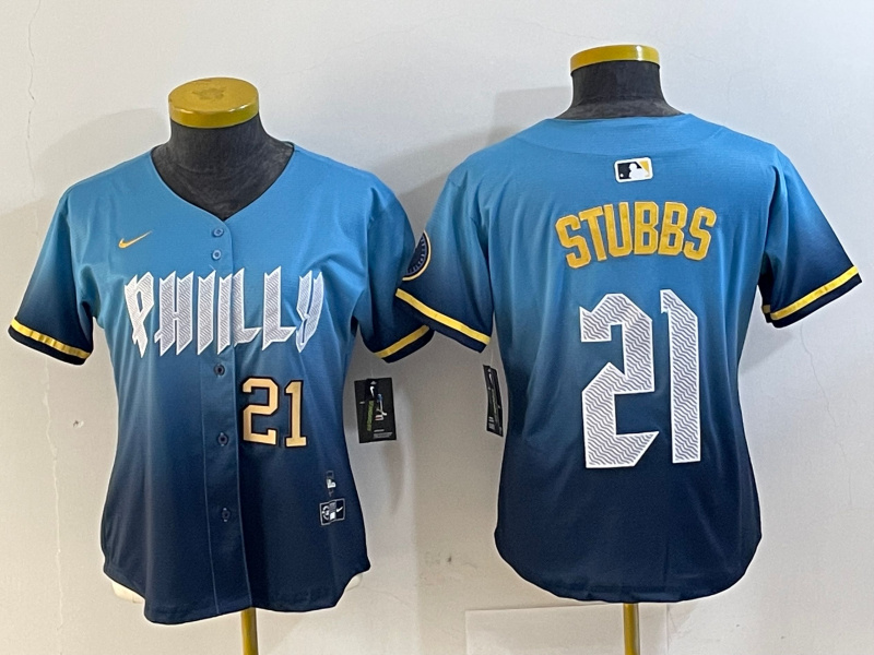 Women's Philadelphia Phillies #21 Garrett Stubbs Blue 2024 City Connect Limited Stitched Jersey 1 Women's Philadelphia Phillies #21 Garrett Stubbs Blue 2024 City Connect Limited Stitched Jersey 1