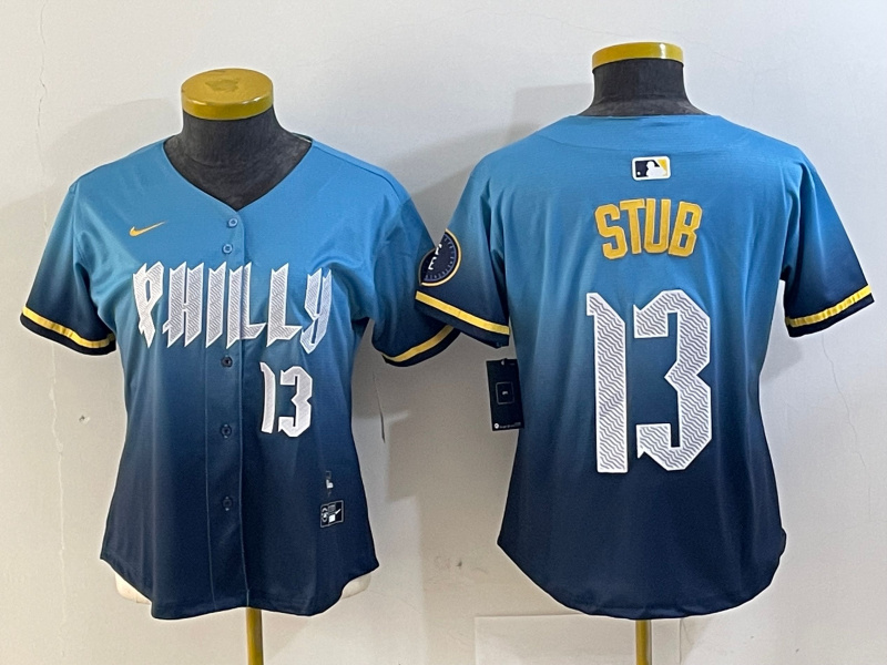 Women's Philadelphia Phillies #13 Stub Blue 2024 City Connect Limited Stitched Baseball Jersey 2 Women's Philadelphia Phillies #13 Stub Blue 2024 City Connect Limited Stitched Baseball Jersey 2
