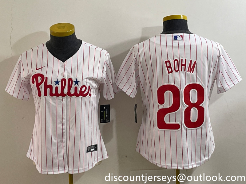 Women's Philadelphia Phillies #28 Alec Bohm White 2022 World Series Cool Base Stitched jerseys Women's Philadelphia Phillies #28 Alec Bohm White 2022 World Series Cool Base Stitched jerseys