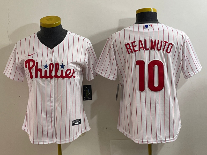 Women's Philadelphia Phillies #10 J.T. Realmuto White 2022 World Series Cool Base Stitched Women's Philadelphia Phillies #10 J.T. Realmuto White 2022 World Series Cool Base Stitched