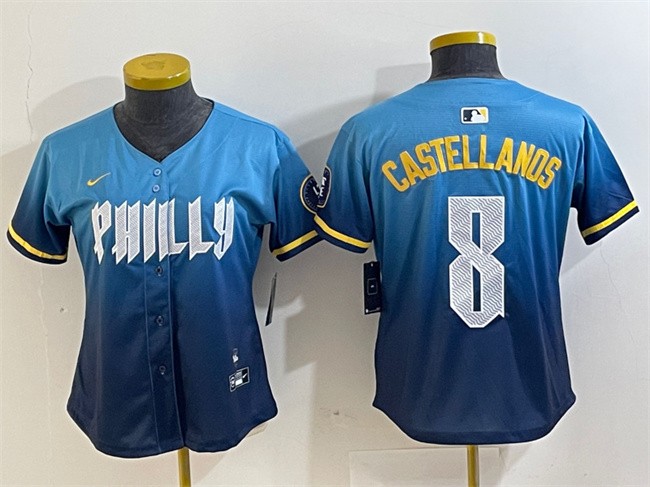 Women's Philadelphia Phillies #8 Nick Castellanos Blue 2024 City Connect Limited Stitched Baseball Jersey Women's Philadelphia Phillies #8 Nick Castellanos Blue 2024 City Connect Limited Stitched Baseball Jersey