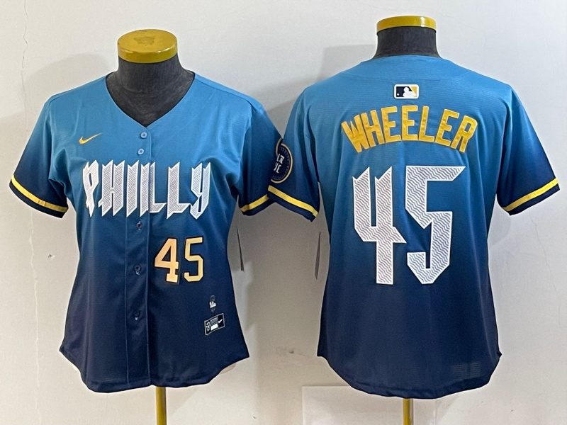 Women's Philadelphia Phillies #45 Zack Wheeler Blue 2024 City Connect Limited Stitched Baseball Jersey 7 Women's Philadelphia Phillies #45 Zack Wheeler Blue 2024 City Connect Limited Stitched Baseball Jersey 7