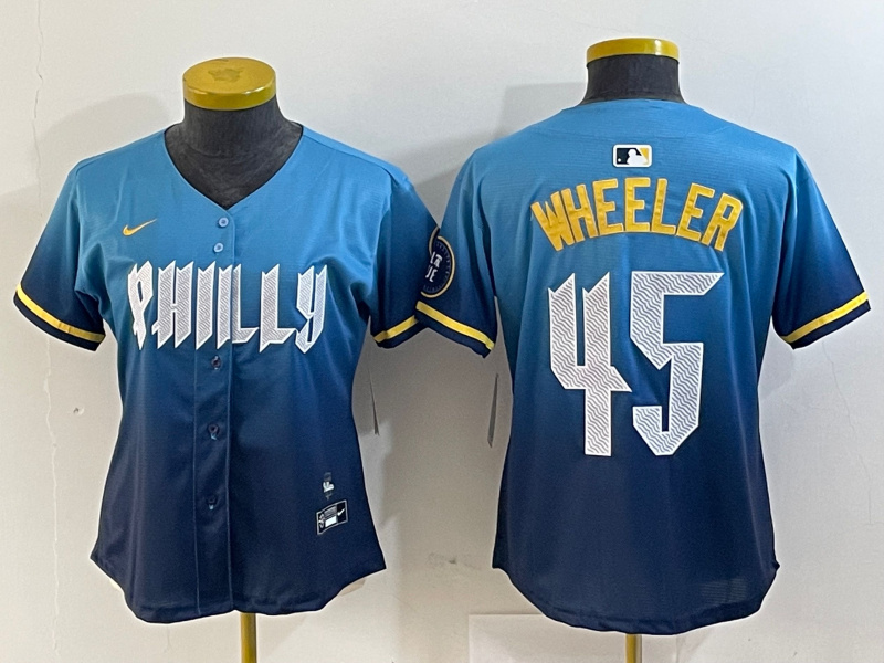 Women's Philadelphia Phillies #45 Zack Wheeler Blue 2024 City Connect Limited Stitched Baseball Jersey 6 Women's Philadelphia Phillies #45 Zack Wheeler Blue 2024 City Connect Limited Stitched Baseball Jersey 6