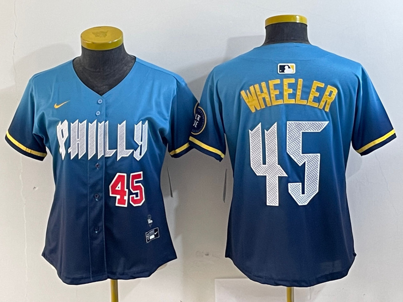 Women's Philadelphia Phillies #45 Zack Wheeler Blue 2024 City Connect Limited Stitched Baseball Jersey 5 Women's Philadelphia Phillies #45 Zack Wheeler Blue 2024 City Connect Limited Stitched Baseball Jersey 5