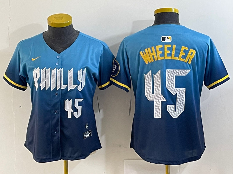 Women's Philadelphia Phillies #45 Zack Wheeler Blue 2024 City Connect Limited Stitched Baseball Jersey 2 Women's Philadelphia Phillies #45 Zack Wheeler Blue 2024 City Connect Limited Stitched Baseball Jersey 2