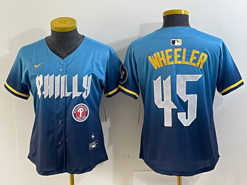 Women's Philadelphia Phillies #45 Zack Wheeler Blue 2024 City Connect Limited Stitched Baseball Jersey 1 Women's Philadelphia Phillies #45 Zack Wheeler Blue 2024 City Connect Limited Stitched Baseball Jersey 1