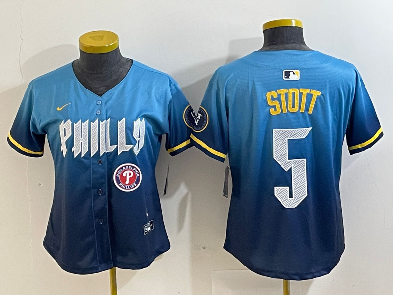 Women's Philadelphia Phillies #5 Bryson Stott Blue 2024 City Connect Limited Stitched Baseball Jersey 8 Women's Philadelphia Phillies #5 Bryson Stott Blue 2024 City Connect Limited Stitched Baseball Jersey 8