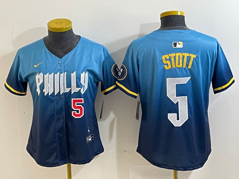 Women's Philadelphia Phillies #5 Bryson Stott Blue 2024 City Connect Limited Stitched Baseball Jersey 4 Women's Philadelphia Phillies #5 Bryson Stott Blue 2024 City Connect Limited Stitched Baseball Jersey 4
