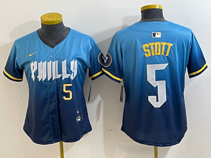Women's Philadelphia Phillies #5 Bryson Stott Blue 2024 City Connect Limited Stitched Baseball Jersey 1 Women's Philadelphia Phillies #5 Bryson Stott Blue 2024 City Connect Limited Stitched Baseball Jersey 1
