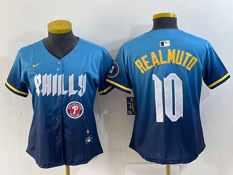 Women Philadelphia Phillies #10 J.T. Realmuto Blue 2024 City Connect Limited Stitched Baseball Jersey 2 Women Philadelphia Phillies #10 J.T. Realmuto Blue 2024 City Connect Limited Stitched Baseball Jersey 2