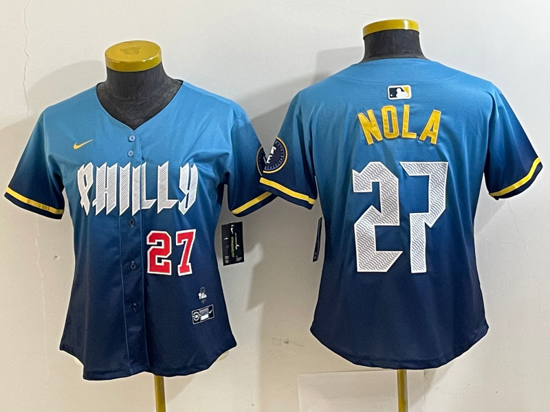 Women's Philadelphia Phillies #27 Aaron Nola Blue 2024 City Connect Limited Stitched Baseball Jersey 2 Women's Philadelphia Phillies #27 Aaron Nola Blue 2024 City Connect Limited Stitched Baseball Jersey 2