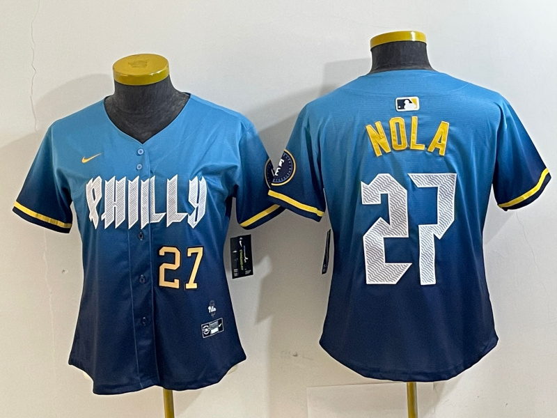 Women's Philadelphia Phillies #27 Aaron Nola Blue 2024 City Connect Limited Stitched Baseball Jersey 1 Women's Philadelphia Phillies #27 Aaron Nola Blue 2024 City Connect Limited Stitched Baseball Jersey 1