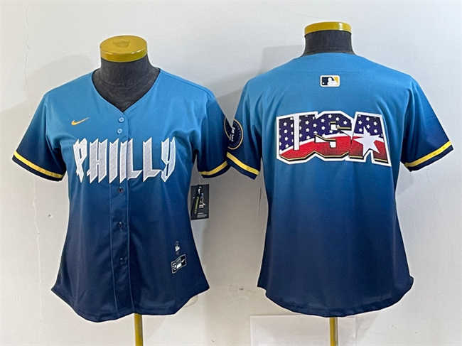 Women's Philadelphia Phillies Team Big Logo Blue 2024 City Connect Limited Stitched Baseball Jersey 1 Women's Philadelphia Phillies Team Big Logo Blue 2024 City Connect Limited Stitched Baseball Jersey 1