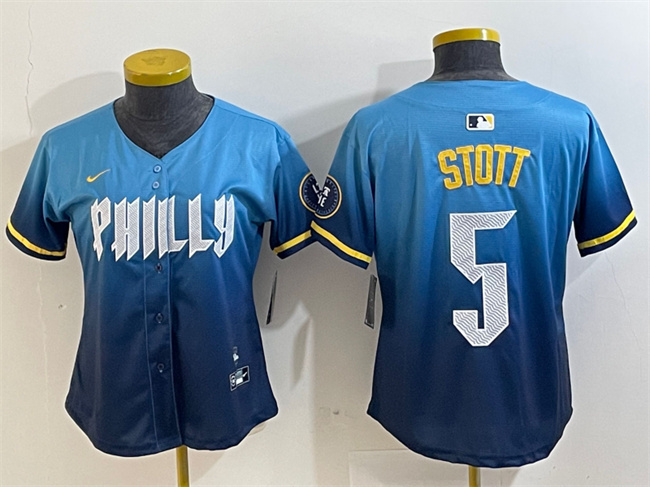 Women's Philadelphia Phillies #5 Bryson Stott Blue 2024 City Connect Limited Stitched Baseball Jersey Women's Philadelphia Phillies #5 Bryson Stott Blue 2024 City Connect Limited Stitched Baseball Jersey