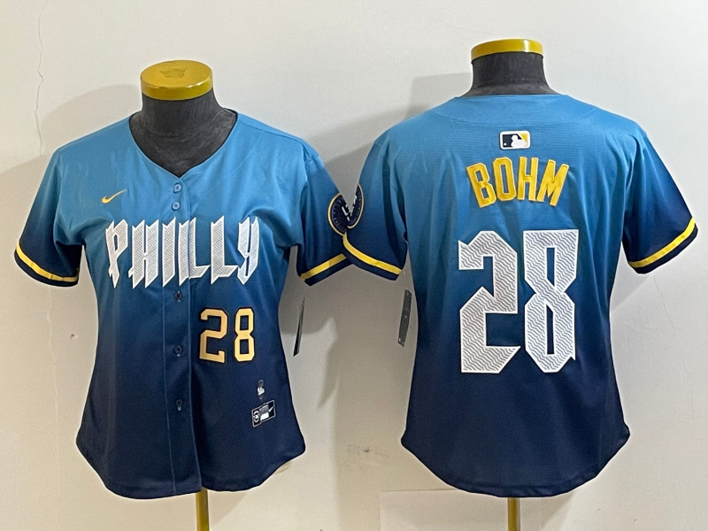 Women's Philadelphia Phillies #28 Alec Bohm Blue 2024 City Connect Limited Stitched Baseball Jersey 2 Women's Philadelphia Phillies #28 Alec Bohm Blue 2024 City Connect Limited Stitched Baseball Jersey 2