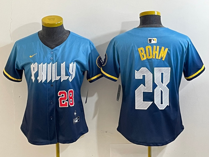Women's Philadelphia Phillies #28 Alec Bohm Blue 2024 City Connect Limited Stitched Baseball Jersey 1 Women's Philadelphia Phillies #28 Alec Bohm Blue 2024 City Connect Limited Stitched Baseball Jersey 1