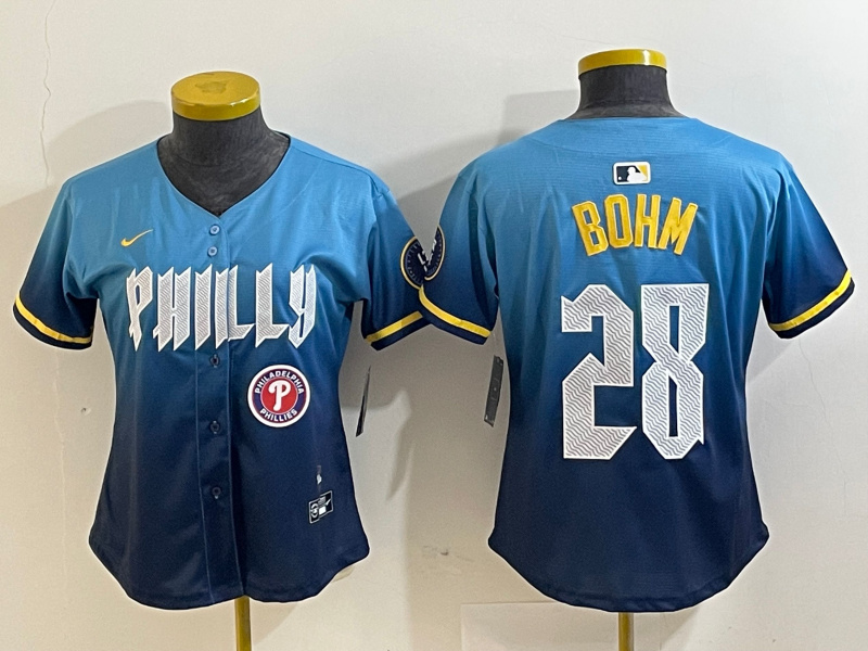 Women Philadelphia Phillies #28 Alec Bohm Blue 2024 City Connect Limited Stitched Baseball Jersey 5 Women Philadelphia Phillies #28 Alec Bohm Blue 2024 City Connect Limited Stitched Baseball Jersey 5