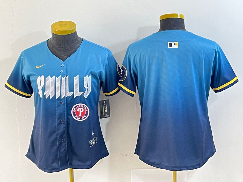 Women Philadelphia Phillies Team Big Logo Blue 2024 City Connect Limited Stitched Baseball Jersey 7 Women Philadelphia Phillies Team Big Logo Blue 2024 City Connect Limited Stitched Baseball Jersey 7