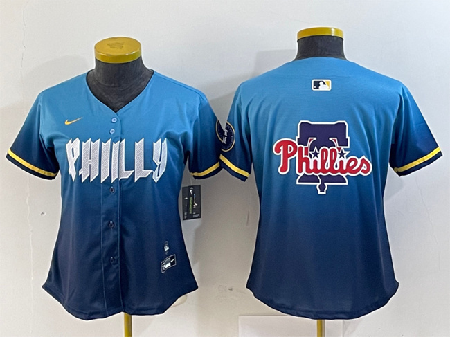 Women's Philadelphia Phillies Team Big Logo Blue 2024 City Connect Limited Stitched Baseball Jersey Women's Philadelphia Phillies Team Big Logo Blue 2024 City Connect Limited Stitched Baseball Jersey