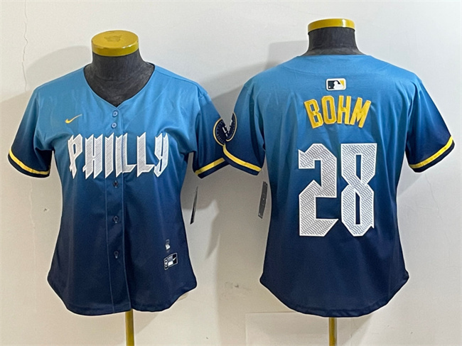 Women's Philadelphia Phillies #28 Alec Bohm Blue 2024 City Connect Limited Stitched Baseball Jersey Women's Philadelphia Phillies #28 Alec Bohm Blue 2024 City Connect Limited Stitched Baseball Jersey