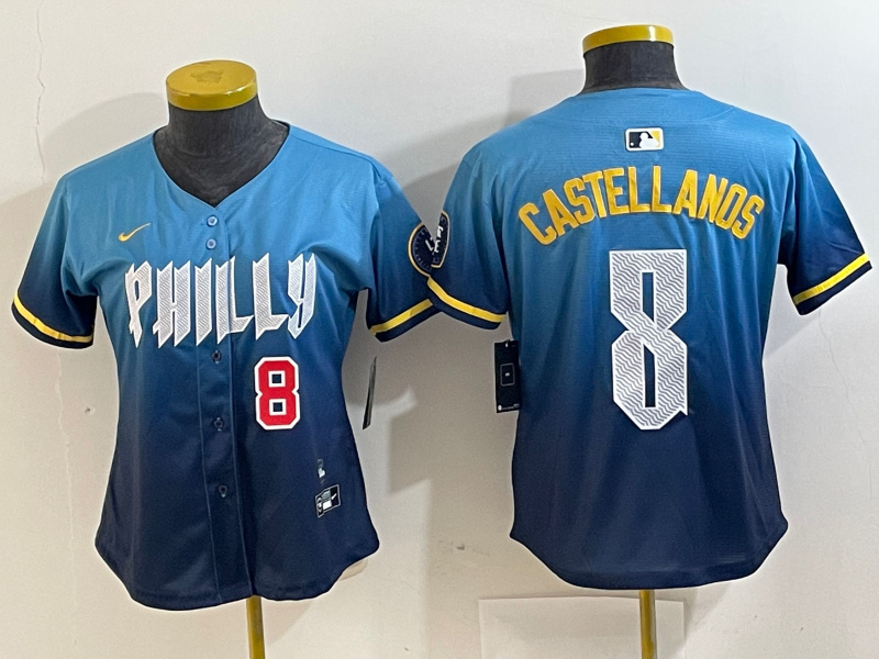 Women Philadelphia Phillies #8 Nick Castellanos Blue 2024 City Connect Limited Stitched Jersey 2 Women Philadelphia Phillies #8 Nick Castellanos Blue 2024 City Connect Limited Stitched Jersey 2