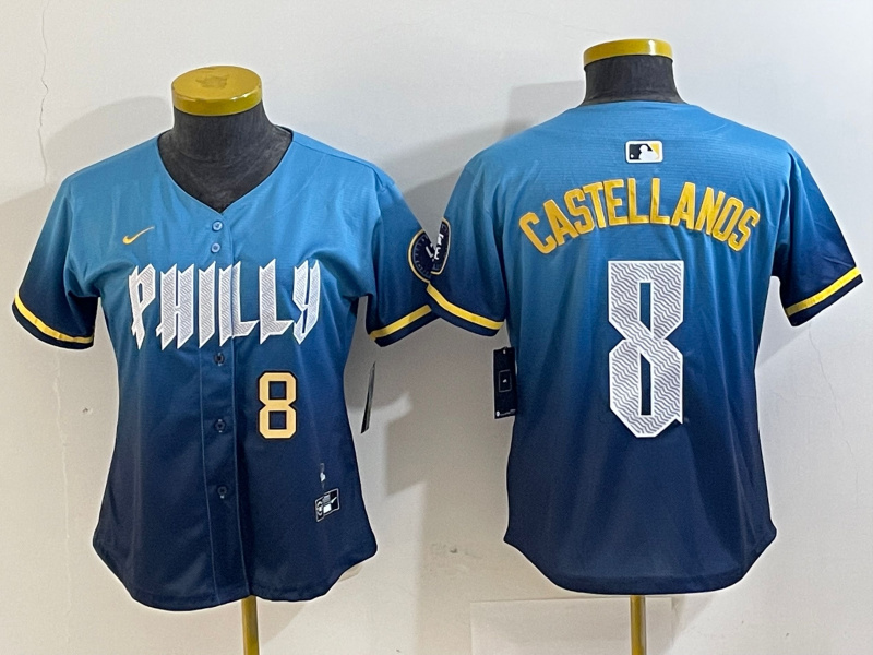 Women Philadelphia Phillies #8 Nick Castellanos Blue 2024 City Connect Limited Stitched Jersey 2 Women Philadelphia Phillies #8 Nick Castellanos Blue 2024 City Connect Limited Stitched Jersey 2