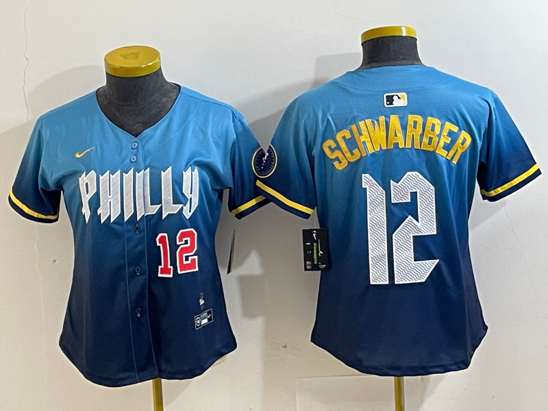 Women Philadelphia Phillies #12 Kyle Schwarber Blue 2024 City Connect Limited Stitched Jersey 8 Women Philadelphia Phillies #12 Kyle Schwarber Blue 2024 City Connect Limited Stitched Jersey 8