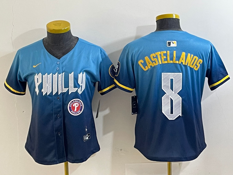 Women Philadelphia Phillies #8 Nick Castellanos Blue 2024 City Connect Limited Stitched Jersey Women Philadelphia Phillies #8 Nick Castellanos Blue 2024 City Connect Limited Stitched Jersey