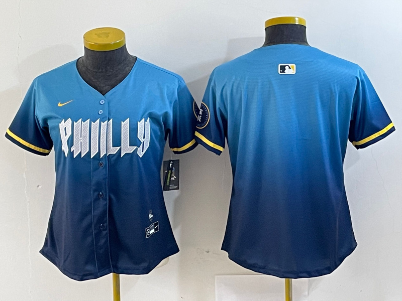 Women's Philadelphia Phillies Blank Blue 2024 City Connect Limited Stitched Baseball Jersey 2 Women's Philadelphia Phillies Blank Blue 2024 City Connect Limited Stitched Baseball Jersey 2