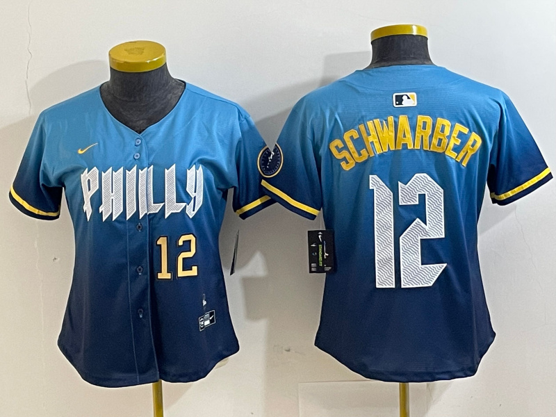 Women Philadelphia Phillies #12 Kyle Schwarber Blue 2024 City Connect Limited Stitched Jersey Women Philadelphia Phillies #12 Kyle Schwarber Blue 2024 City Connect Limited Stitched Jersey