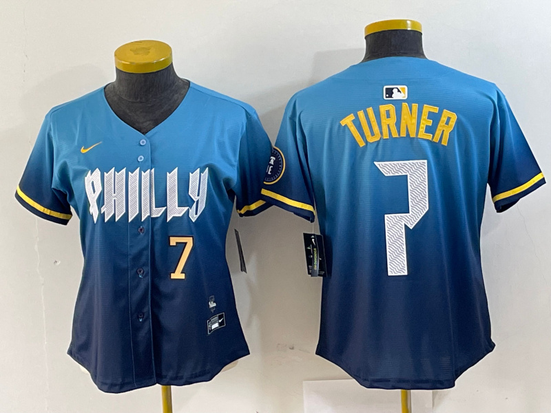 Women Philadelphia Phillies #7 Trea Turner Blue 2024 City Connect Limited Stitched Jersey 3 Women Philadelphia Phillies #7 Trea Turner Blue 2024 City Connect Limited Stitched Jersey 3