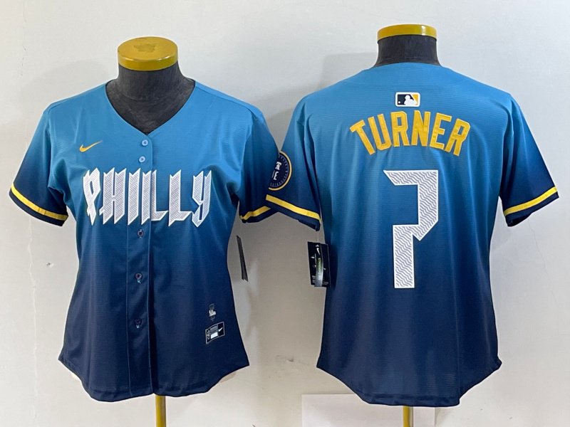 Women Philadelphia Phillies #7 Trea Turner Blue 2024 City Connect Limited Stitched Jersey 1 Women Philadelphia Phillies #7 Trea Turner Blue 2024 City Connect Limited Stitched Jersey 1
