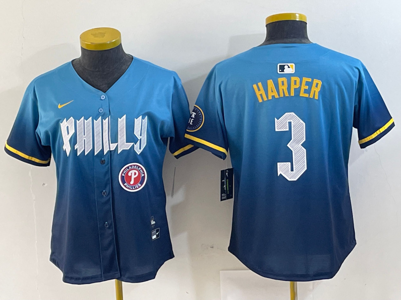 Women Philadelphia Phillies #3 Bryce Harper Blue 2024 City Connect Limited Stitched Jersey 7 Women Philadelphia Phillies #3 Bryce Harper Blue 2024 City Connect Limited Stitched Jersey 7