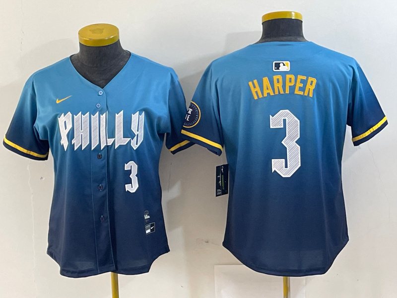 Women Philadelphia Phillies #3 Bryce Harper Blue 2024 City Connect Limited Stitched Jersey 6 Women Philadelphia Phillies #3 Bryce Harper Blue 2024 City Connect Limited Stitched Jersey 6