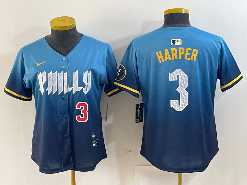 Women Philadelphia Phillies #3 Bryce Harper Blue 2024 City Connect Limited Stitched Jersey 3 Women Philadelphia Phillies #3 Bryce Harper Blue 2024 City Connect Limited Stitched Jersey 3