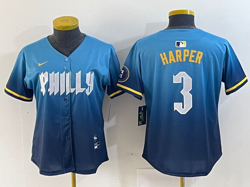 Women Philadelphia Phillies #3 Bryce Harper Blue 2024 City Connect Limited Stitched Jersey 1 Women Philadelphia Phillies #3 Bryce Harper Blue 2024 City Connect Limited Stitched Jersey 1