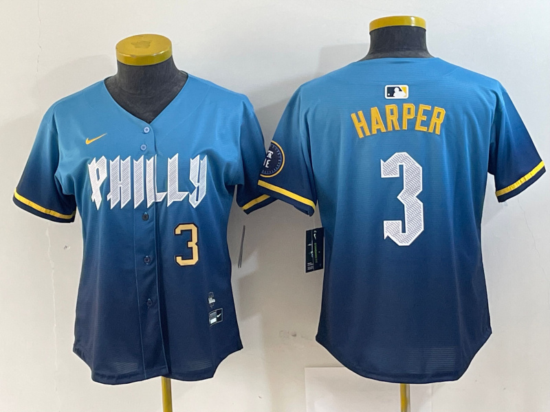 Women Philadelphia Phillies #3 Bryce Harper Blue 2024 City Connect Limited Stitched Jersey Women Philadelphia Phillies #3 Bryce Harper Blue 2024 City Connect Limited Stitched Jersey