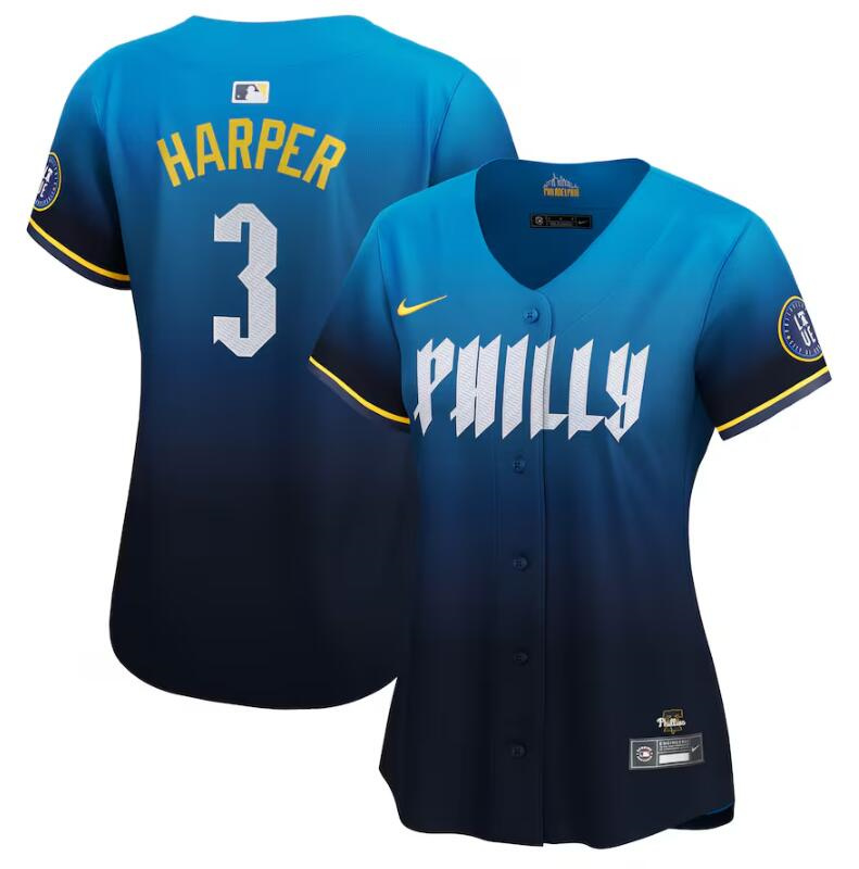 Women's Philadelphia Phillies #3 Bryce Harper Blue 2024 City Connect Limited Stitched Baseball Jersey Women's Philadelphia Phillies #3 Bryce Harper Blue 2024 City Connect Limited Stitched Baseball Jersey