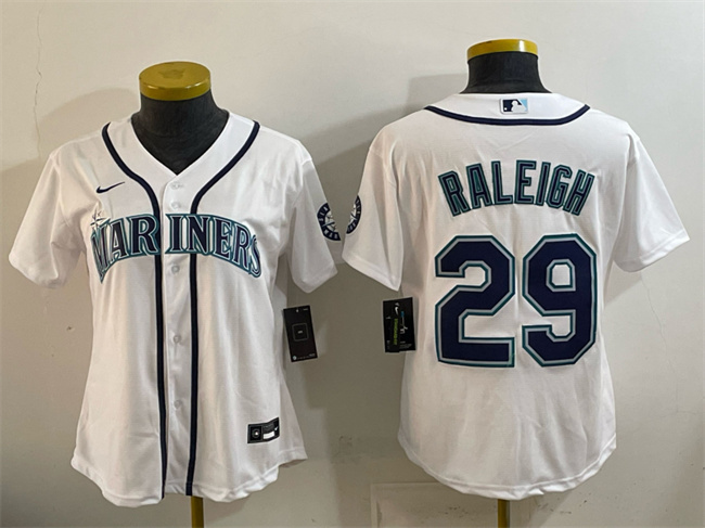 Women's Seattle Mariners #29 Cal Raleigh White Cool Base Stitched Baseball Jersey(Run Small) Women's Seattle Mariners #29 Cal Raleigh White Cool Base Stitched Baseball Jersey(Run Small)