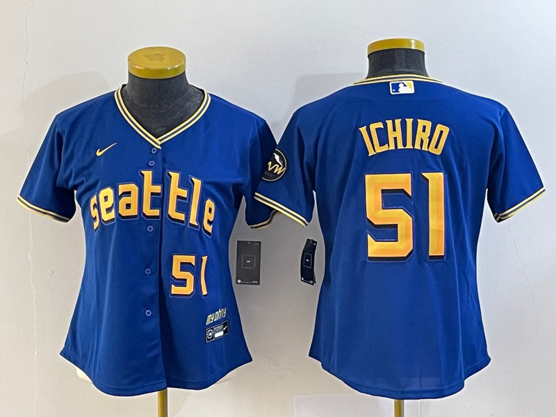 Women's Seattle Mariners #51 Ichiro Suzuki Royal 2023 City Connect With Patch Stitched Baseball Jersey(Run Small) Women's Seattle Mariners #51 Ichiro Suzuki Royal 2023 City Connect With Patch Stitched Baseball Jersey(Run Small)