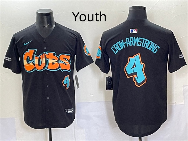 Youth Chicago Cubs #4 Pete Crow-Armstrong Black 'Graffiti North Side Edition' Vapor Premier Limited Stitched Baseball Jersey