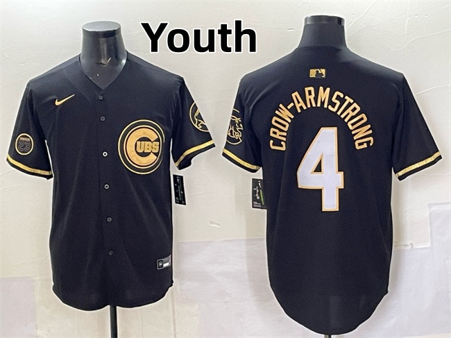 Youth Chicago Cubs #4 Pete Crow-Armstrong Black Gold 'Ryne Sandberg Tribute' Vapor Limited V2 Stitched Baseball Jersey Youth Chicago Cubs #4 Pete Crow-Armstrong Black Gold 'Ryne Sandberg Tribute' Vapor Limited V2 Stitched Baseball Jersey
