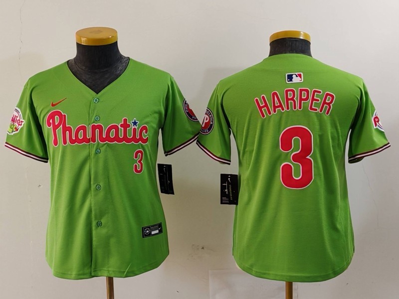 Youth Philadelphia Phillies #3 Bryce Harper Green With Patch Stitched Baseball Jersey Youth Philadelphia Phillies #3 Bryce Harper Green With Patch Stitched Baseball Jersey