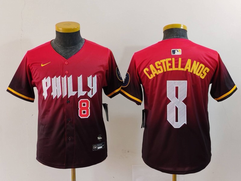Youth Philadelphia Phillies #8 Nick Castellanos Red 2024 City Connect Limited Stitched Baseball Jersey 2 Youth Philadelphia Phillies #8 Nick Castellanos Red 2024 City Connect Limited Stitched Baseball Jersey 2