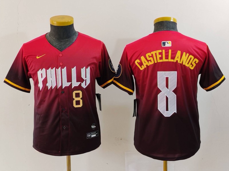 Youth Philadelphia Phillies #8 Nick Castellanos Red 2024 City Connect Limited Stitched Baseball Jersey 1 Youth Philadelphia Phillies #8 Nick Castellanos Red 2024 City Connect Limited Stitched Baseball Jersey 1