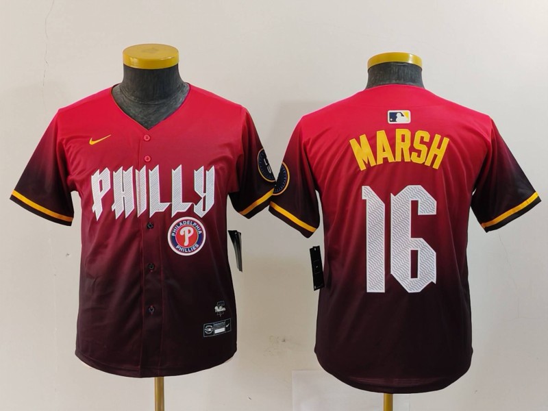 Youth Philadelphia Phillies #16 Brandon Marsh Red 2024 City Connect Limited Stitched Baseball Jersey 3 Youth Philadelphia Phillies #16 Brandon Marsh Red 2024 City Connect Limited Stitched Baseball Jersey 3