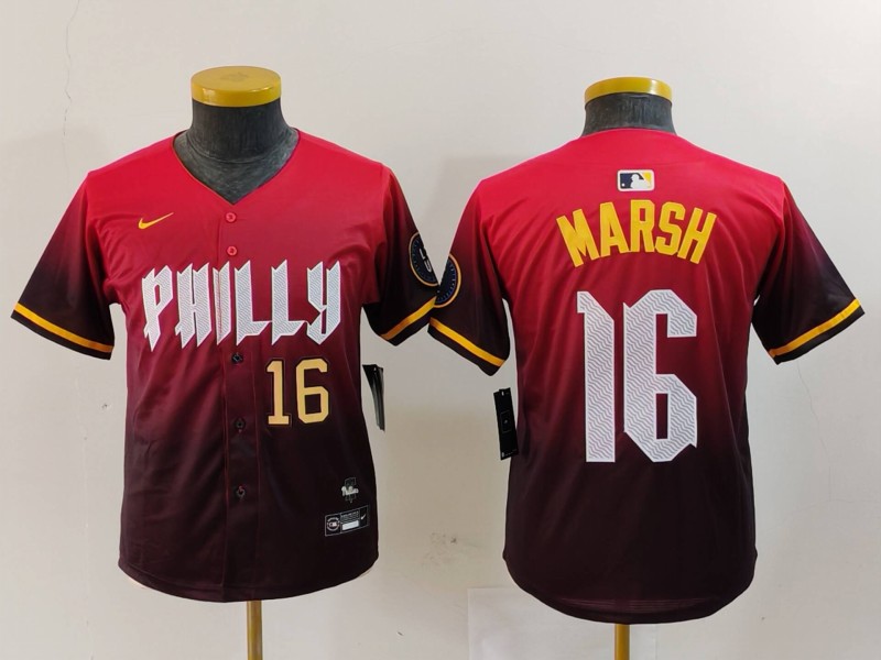 Youth Philadelphia Phillies #16 Brandon Marsh Red 2024 City Connect Limited Stitched Baseball Jersey 2 Youth Philadelphia Phillies #16 Brandon Marsh Red 2024 City Connect Limited Stitched Baseball Jersey 2