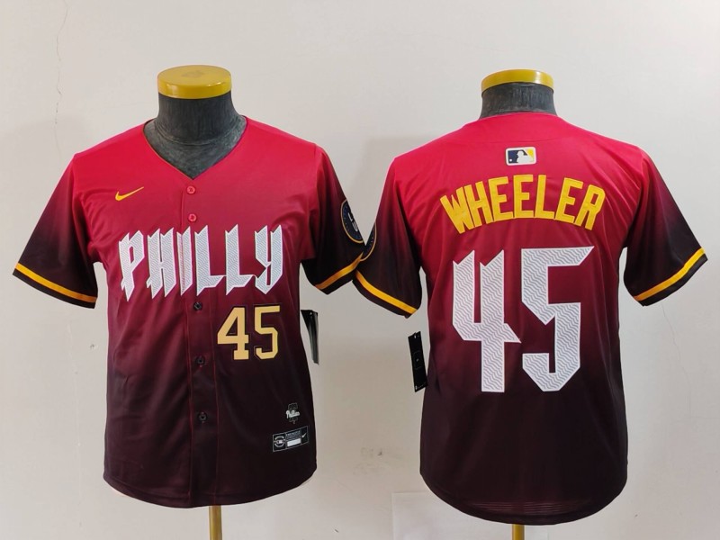 Youth Philadelphia Phillies #45 Zack Wheeler Red 2024 City Connect Limited Stitched Baseball Jersey 3 Youth Philadelphia Phillies #45 Zack Wheeler Red 2024 City Connect Limited Stitched Baseball Jersey 3