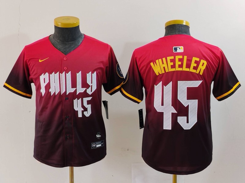 Youth Philadelphia Phillies #45 Zack Wheeler Red 2024 City Connect Limited Stitched Baseball Jersey 2 Youth Philadelphia Phillies #45 Zack Wheeler Red 2024 City Connect Limited Stitched Baseball Jersey 2
