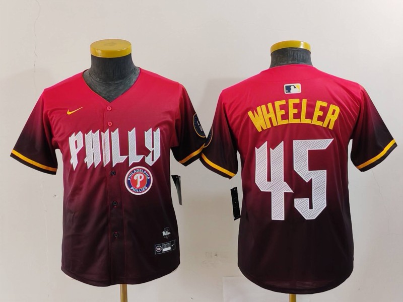 Youth Philadelphia Phillies #45 Zack Wheeler Red 2024 City Connect Limited Stitched Baseball Jersey 1 Youth Philadelphia Phillies #45 Zack Wheeler Red 2024 City Connect Limited Stitched Baseball Jersey 1